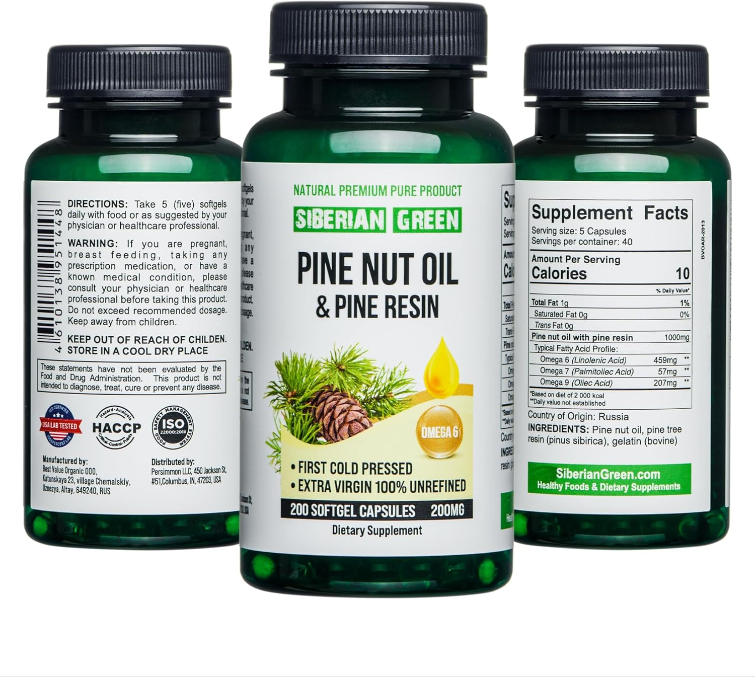 Siberian Pine Nut Oil with Pine Resin Capsules - 200 Softgels - Image 2